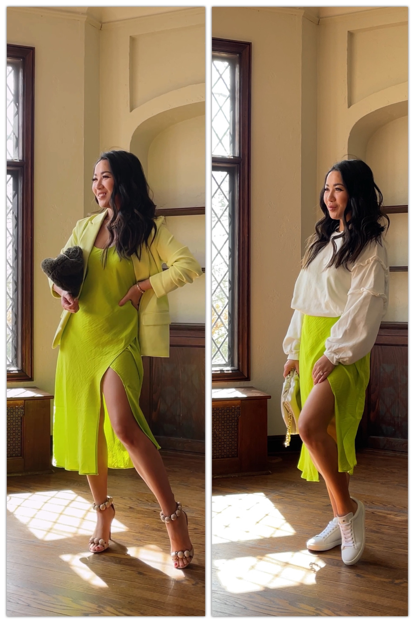 Spring colors 🌾🌼🌻 Such a simple yet charming dress! 💚 Which style do you like more - with the blazer or with the sweater? I love that one dress can create two different looks @walmart @walmartfashion #walmartpartner #walmartfashion
