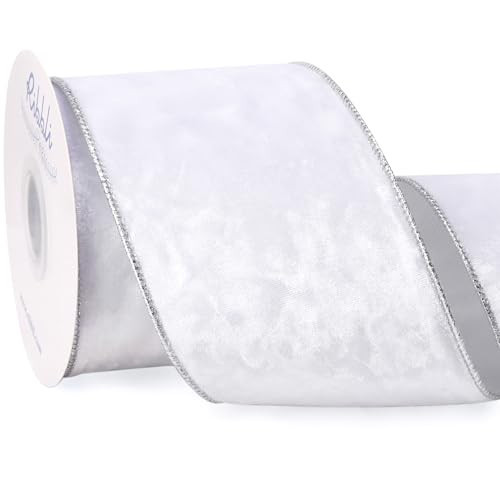 Ribbli White Velvet Wired Ribbon 4 Inch Metallic White Silver Crushed Velvet Christmas Ribbon for Gift Wrapping Christmas Tree Decoration Crafts Wreaths Supplies-Continuous 10 Yards | Amazon (US)
