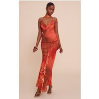 Red Printed Chiffon Frill Details Strappy Maxi Dress | PrettyLittleThing US