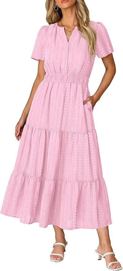 RUMIA Maxi Dresses for Women Casual Summer V Neck Elastic Waist Lightweight Boho Vacation Dress P... | Amazon (US)