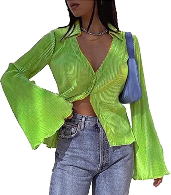 Women's Deep V Neck Shirts Bell Long Sleeve Blouse Casual Button Front Tops | Amazon (US)