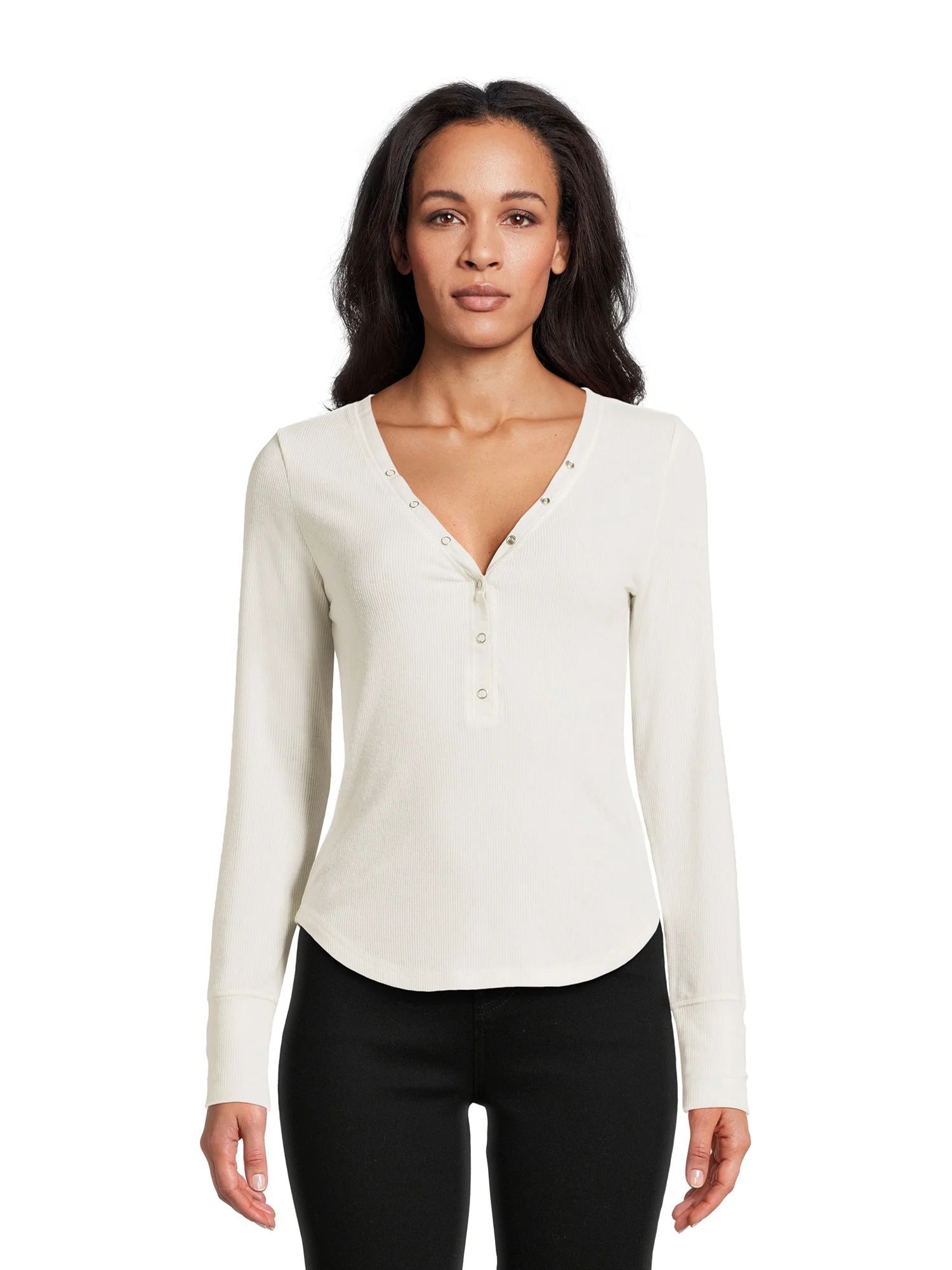 No Boundaries Juniors' Ribbed Henley Top with Long Sleeves, Sizes XS-XXXL | Walmart (US)