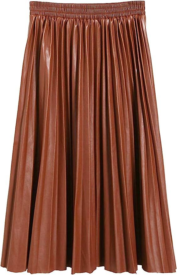 SUNFURA Women's Winter Faux Leather Elastic Waist Swing Flare Pleated Skirt | Amazon (US)