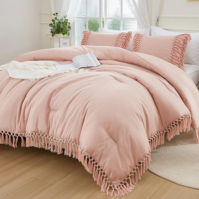 Andency Pink Comforter Set Queen, 3 Pieces Boho Tassel Lightweight Soft Bedding Comforter Sets, A... | Amazon (US)