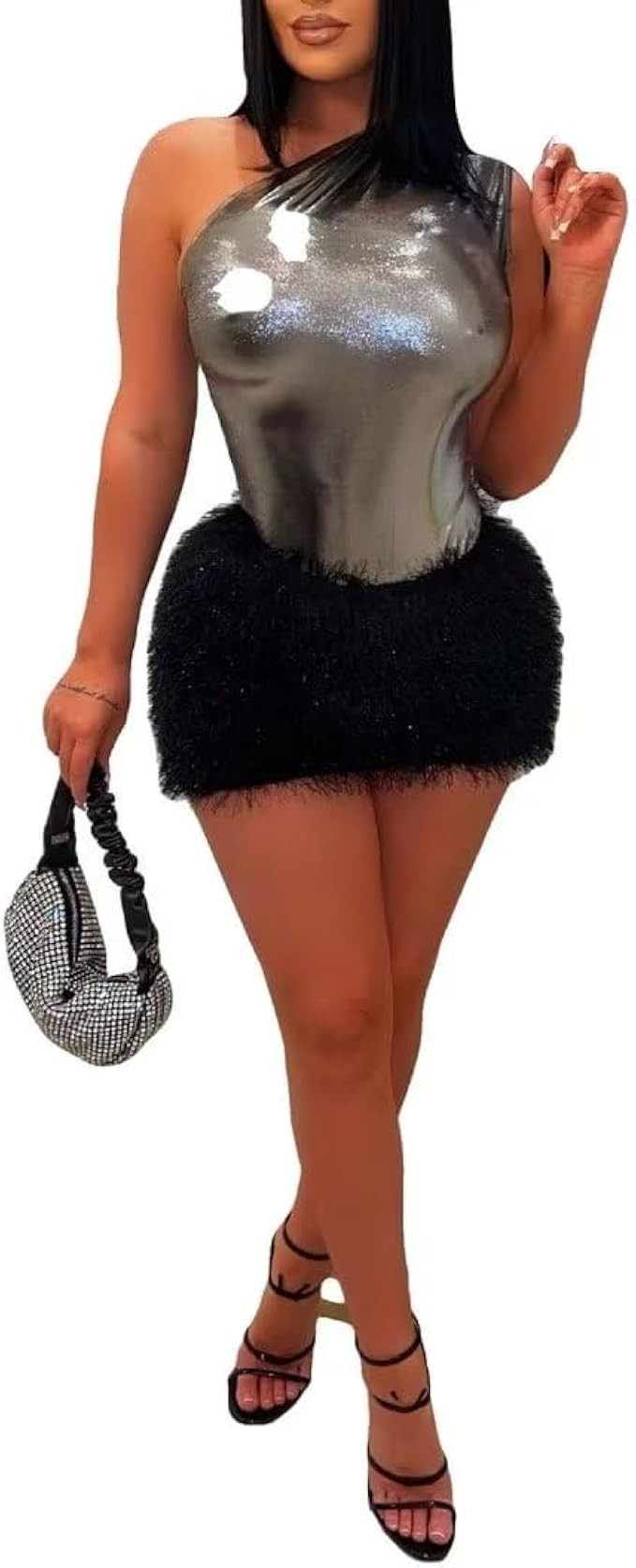 Kafiloe Women Sexy 2 Piece Outfits Clubwear One Shoulder Metallic Bodysuit Top Night Party Club M... | Amazon (US)