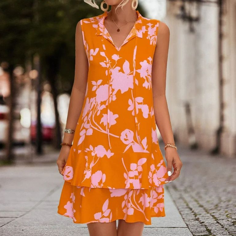 Viadha Summer Dresses for Women 2024 Fashion Summer Casual Pleated V-Neck Bandage Floral Printed ... | Walmart (US)