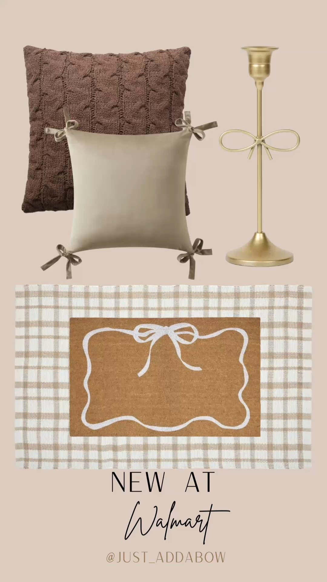 New from Walmart 
Door mat 
Plaid rug 
Bow pillows 
Brown decor 
Candle sticks 


#LTKStyleTip #LTKHome