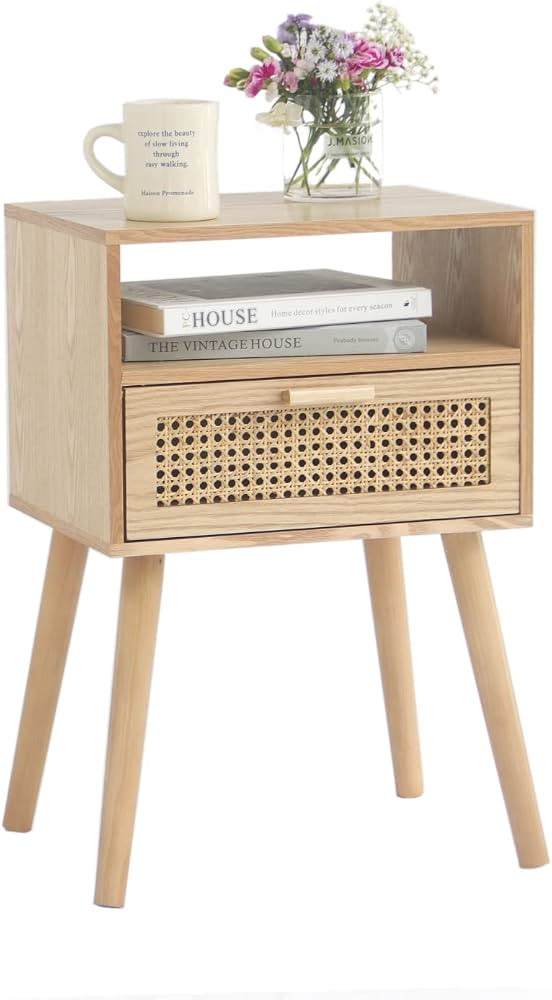 MaxSmeo Modern Nightstand Rattan Side End Table with Storage, for Living Room, Bedroom and Small ... | Amazon (US)