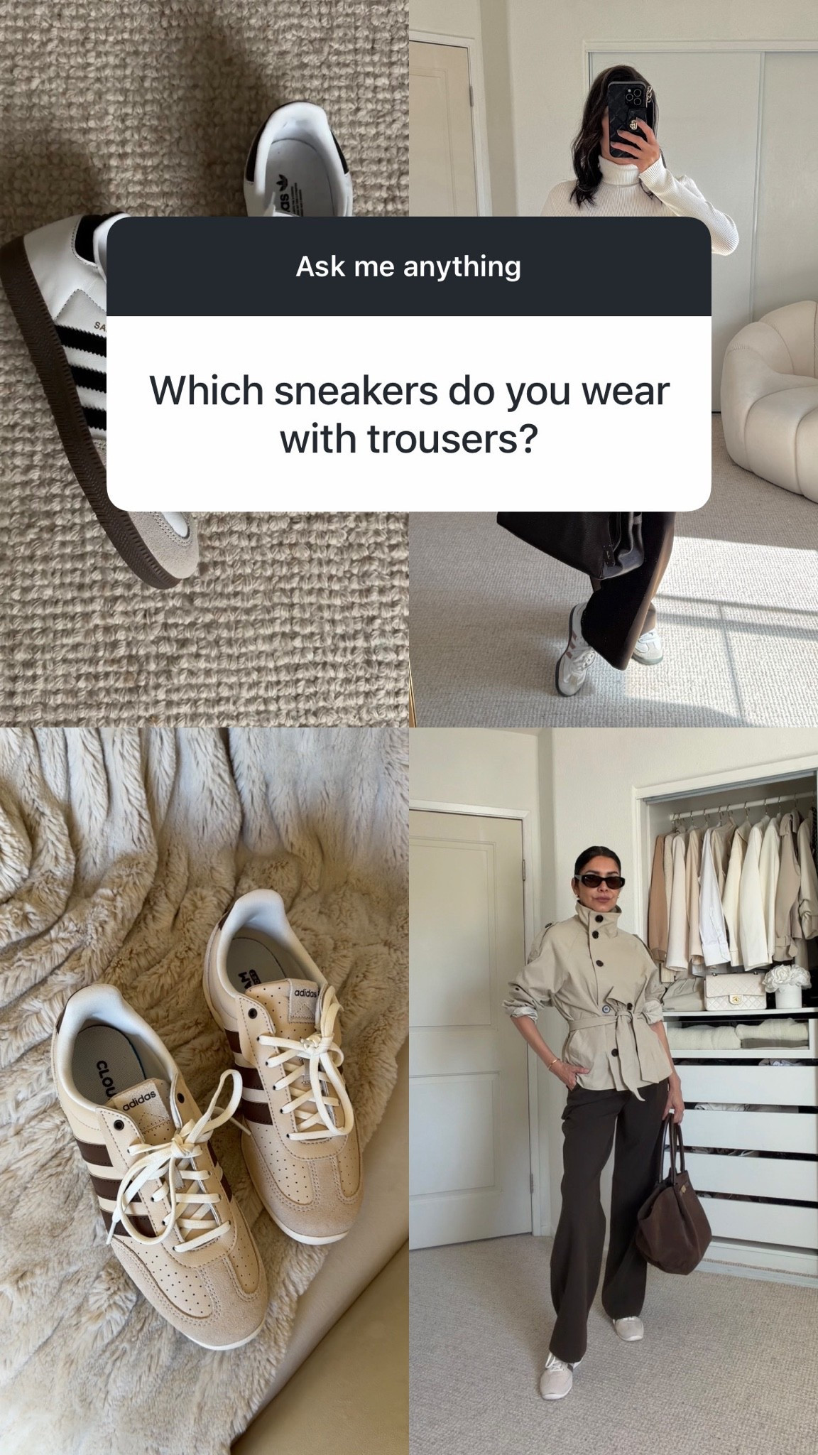 Sneakers I wear with trousers 👟🤎

These are the 4 sneakers I reach for when styling trousers: the Samba, Barreda Gazelle and New Balance 327. I love how each pair gives tailored trousers a more relaxed feel while still keeping the outfit chic, polished and put together.

Perfect for workwear, business casual outfits, travel days or everyday looks when you want comfort without sacrificing style.

👟 Adidas Samba — TTS
👟 Adidas Barreda — TTS
👟 Adidas Gazelle — TTS
👟 New Balance 327 — TTS

➫ MY BODY MEASUREMENTS FOR YOUR REFERENCE
Bra: 32C (81 cm)
Waist: 26” (66 cm)
Hips: 38” (96.5 cm)
Height: 5’7” (170 cm)

Adidas Samba | Adidas Barreda | Adidas Gazelle | sneakers with trousers | Adidas sneakers outfit | trousers and sneakers | workwear with sneakers | business casual sneakers | office outfits with sneakers | tailored trousers outfit | chic sneaker outfits | fashion over 40 | fashion over 50

#AdidasStyle #SneakerStyle #WorkwearStyle #LTKStyle

#LTKSeasonal #LTKOver40