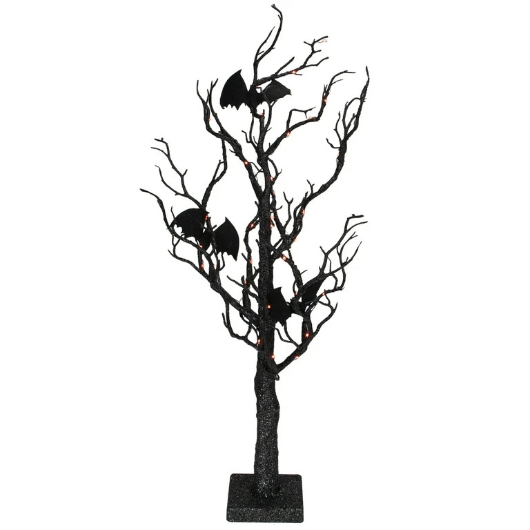 Northlight 26.5" LED Lighted Black Glittered Tabletop Halloween Tree with Bats - Orange Lights | Walmart (US)