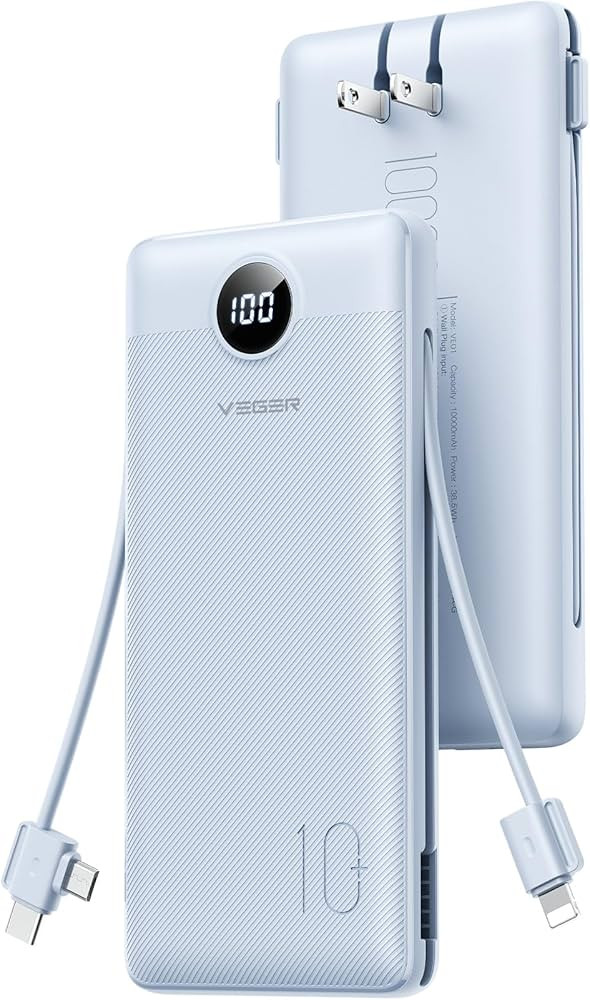VEGER AC Wall Plug Portable Charger, 10000mah Slim Portable Charger Built in Cables, USB C Power ... | Amazon (US)