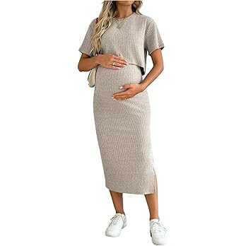 SHENHE Women's Maternity Ribbed 2 Piece Outfits Short Sleeve Crop Top Bodycon Slit Midi Skirt Set | Amazon (US)