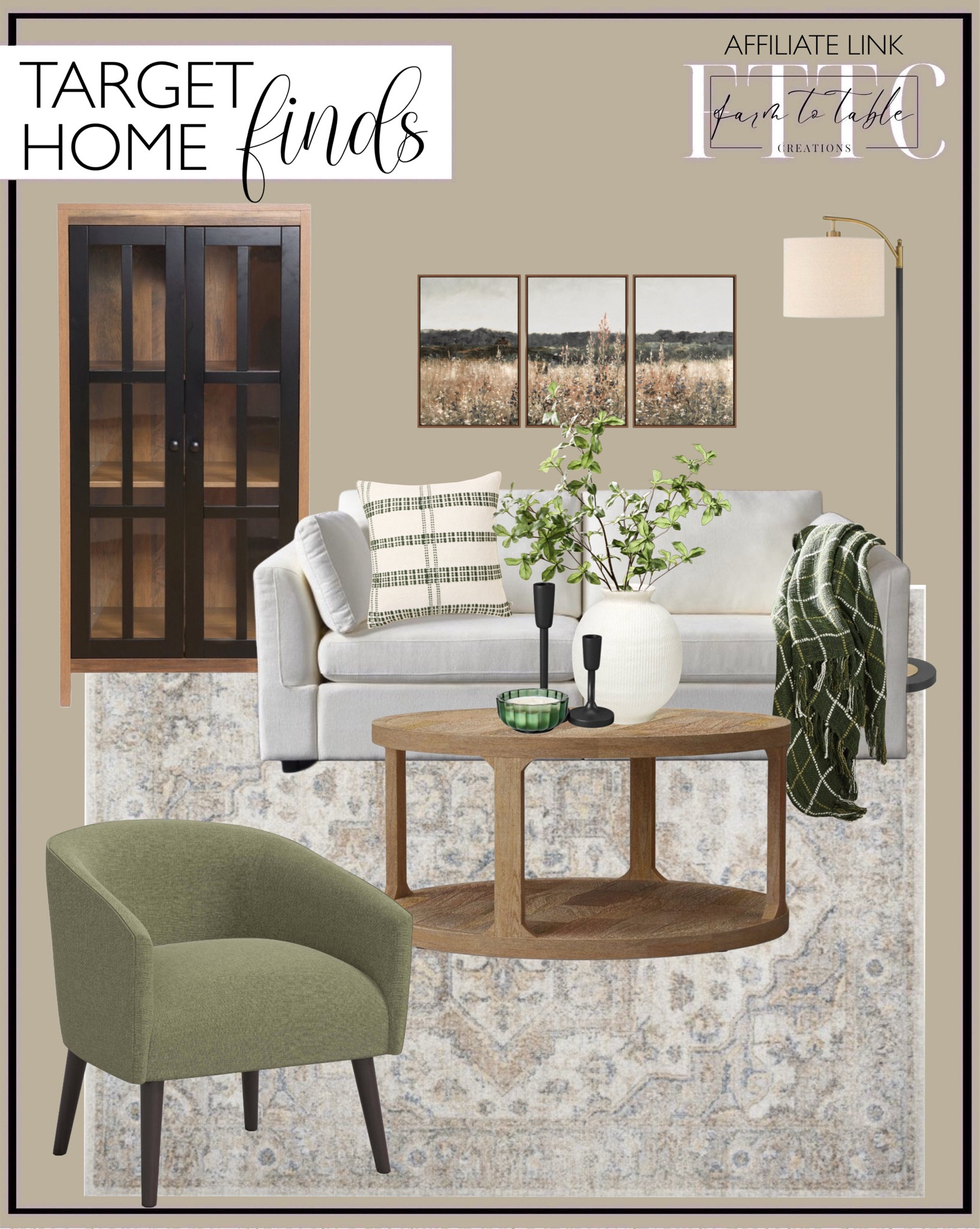 Target Home Finds. Follow @farmtotablecreations on Instagram for more inspiration.

Castalia Round Wood Table. Castalia Round Wood Side Table. 80"Deep 2 Seater Sofa, Soft Chenille Couch Knock Down Sofa Couch-Cuddlewood.  Nourison Washable Astra Vintage Medallion Indoor Flatweave Area Rug. Floor Lamp. Candle Dark Green Glass Jar. Plaid Woven Throw Blanket Green - Hearth & Hand. Open Texture Plaid Square Christmas Throw Pillow Dark Green. LuxenHome Natural Wood Glass Doors Accent Curio Storage Cabinet Brown. Set of 3 Aluminum Taper Holders Black - Threshold. Ceramic Vase. Leaf Stems. Textured Linen Chair. Canvas Wall Art Set. 

Target Finds. Cozy Living Room. Area Rug. Coffee table. Round coffee table.  Hearth and Hand. Studio McGee. Fall Decor. Holiday Decor finds. 

#LTKFindsUnder50 #LTKSaleAlert #LTKHome