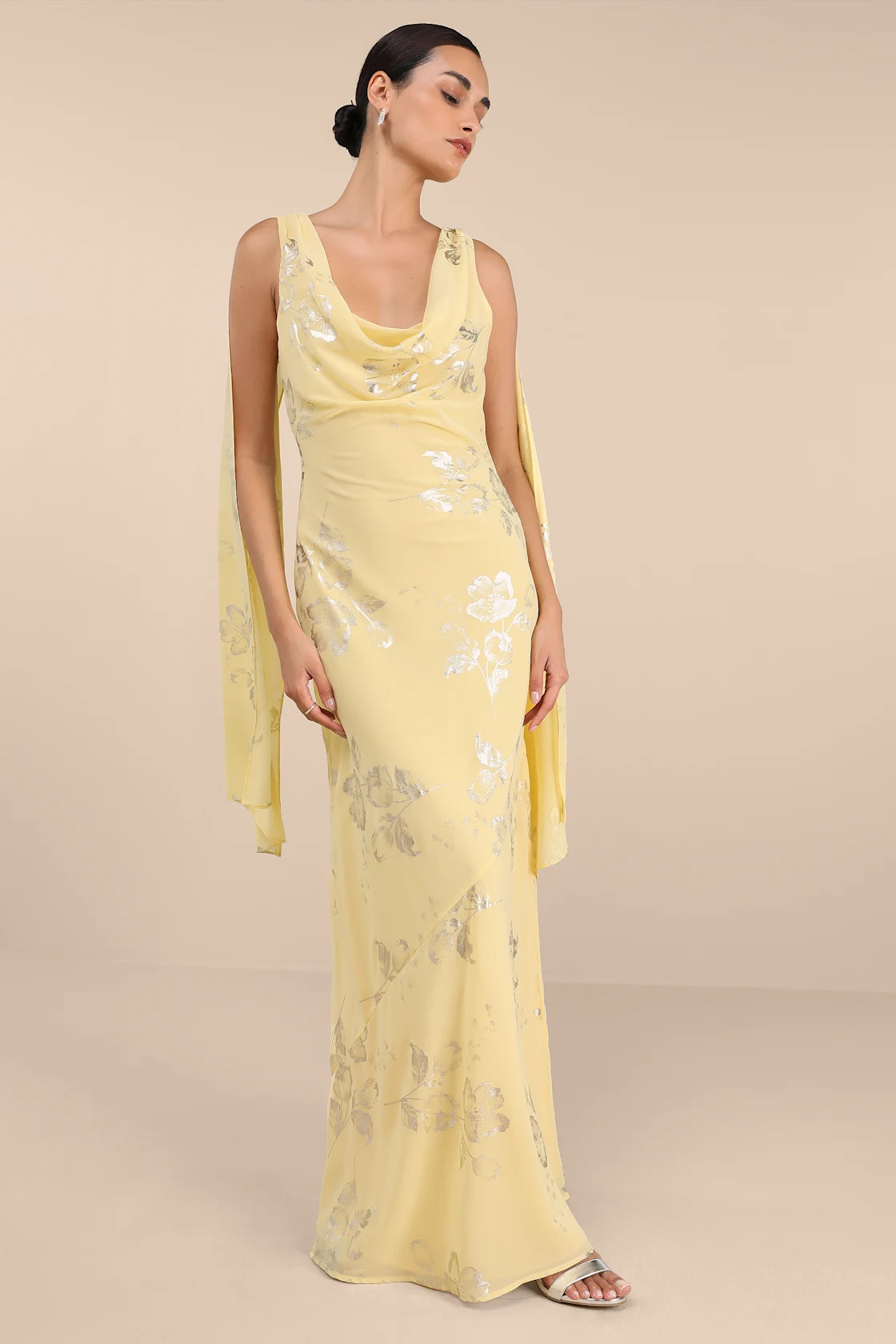 Sidonia Yellow and Gold Floral Cowl Sash Maxi Dress | Lulus