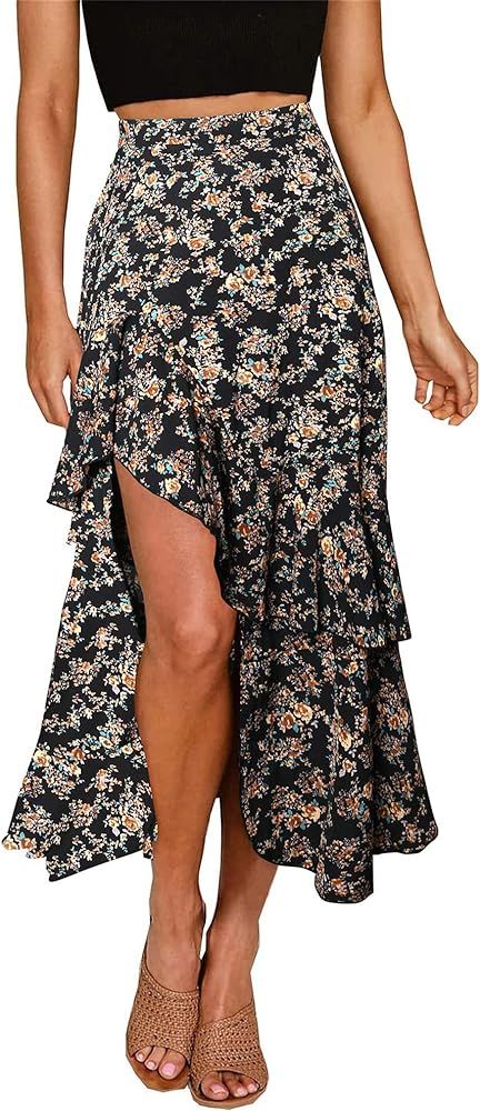 BTFBM Women 2024 Summer Spring Boho Long Skirts Dress Floral Print Elastic Waist Split Ruffle Hig... | Amazon (US)