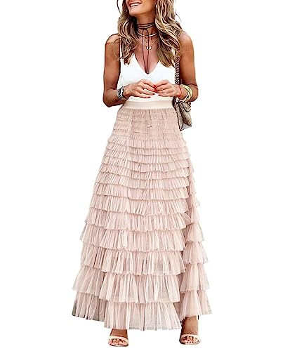 ebossy Women's Ruffled Tiered Tutu Tulle Skirt Stretchy A-line Prom Party Long Skirt (XL, Pink) | Amazon (US)