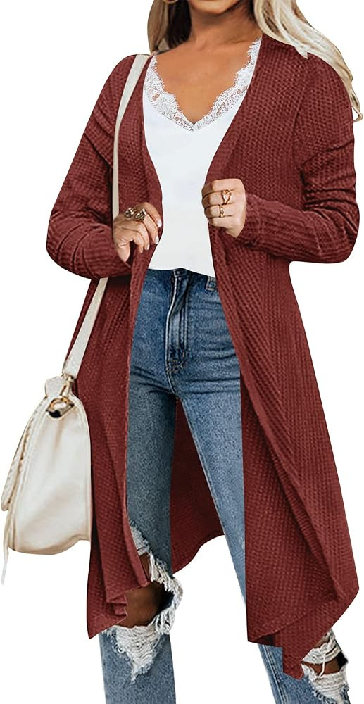 ZESICA Women's Waffle Knit Duster Cardigan Long Sleeve Draped Open Front Lightweight Irregular Hem S | Amazon (US)