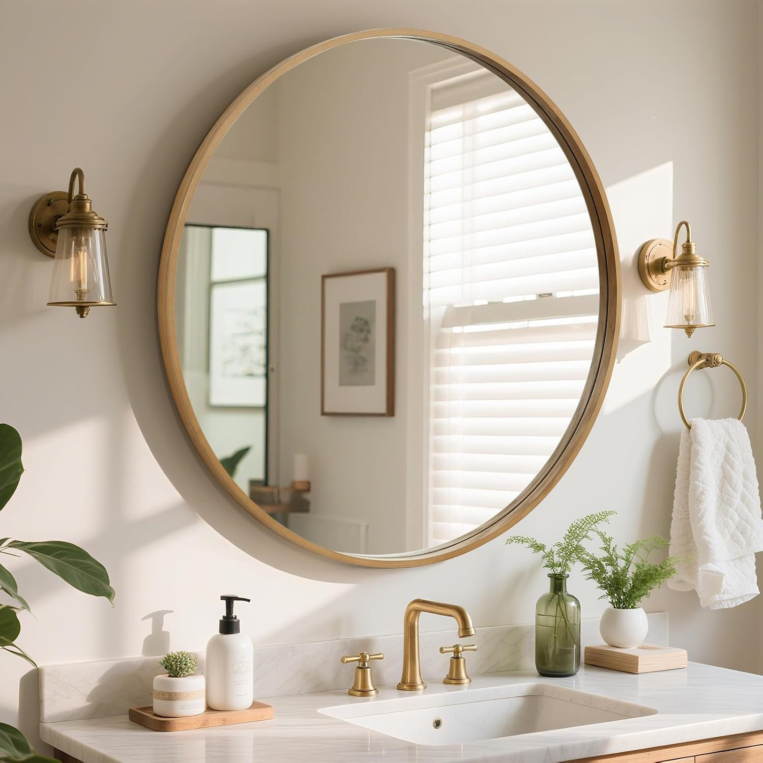 Round Wood Mirror, 36" Round Modern Decoration Large Circle Wall Mirror for Bathroom Living Room Bedroom Entryway, Natural | Amazon (US)