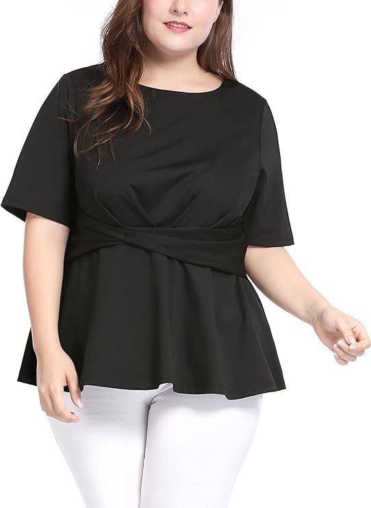 uxcell Women's Plus Size Short Sleeves Twisted Knot Front Peplum Tops 2024 | Amazon (US)