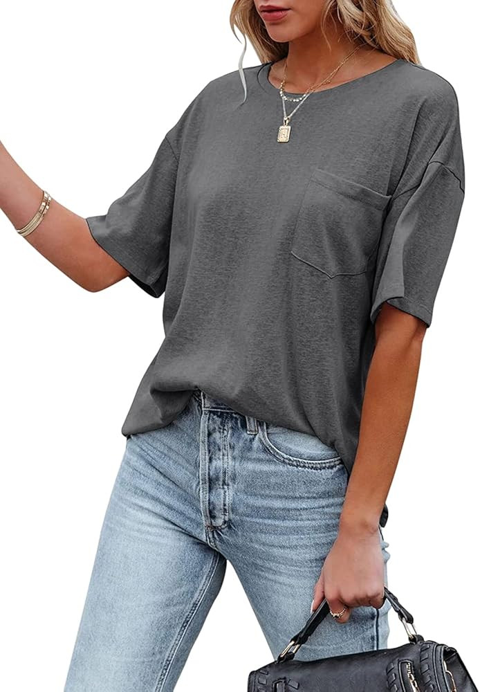 Muchpow Women's Crewneck Summer T Shirt Short Sleeve Casual Loose Tops with Pocket | Amazon (US)