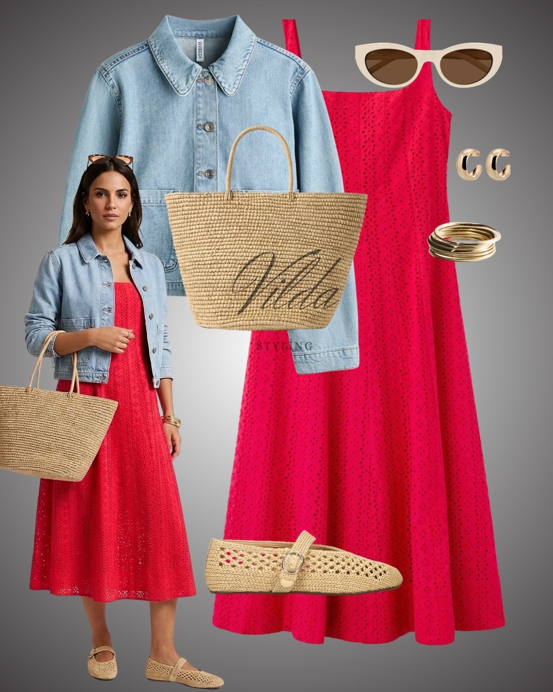 The perfect blend of feminine flair and casual cool. This vibrant red eyelet midi dress is a summer standout, especially when paired with light-wash denim for those breezy afternoons. #SummerStyle #EyeletDress #DenimJacket #VacationInspo #MaryJanes #RedDress #OOTD #LTKStyle 

#LTKfestival #LTKsummer #LTKspring