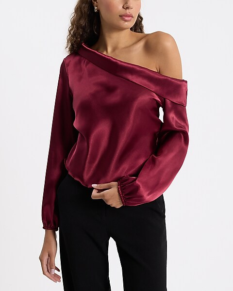 Satin Off The Shoulder Long Sleeve Top | Express