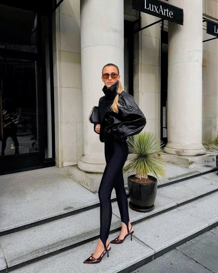 Black stirrup pants
Black bomber jacket 

#LTKPetite #LTKSpringSale #LTKootd