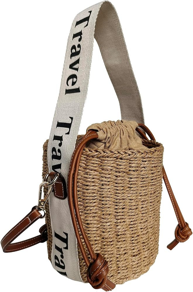 Flower Pearls Rattan Tote Bag Summer Beach Drawstring Straw Bucket Bag Diamonds Woven Handbag | Amazon (US)