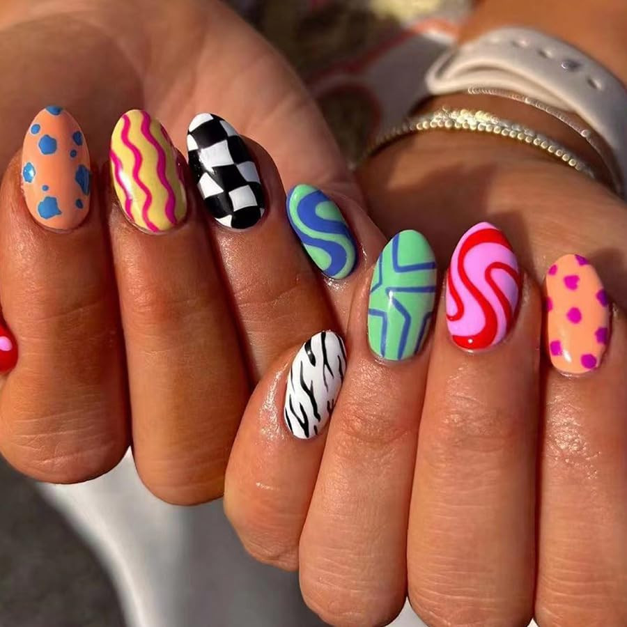 Colorful Press on Nails Almond Shape Short Fake Nails Geometric Irregularity Full Cover Stick on ... | Amazon (US)