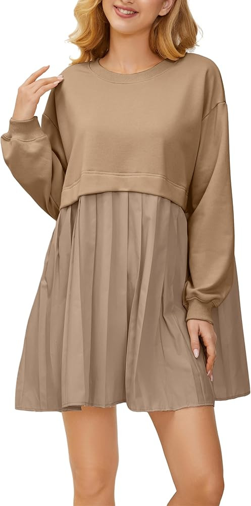 SAFRISIOR Women Oversized Sweatshirt Dress Crew Neck Long Sleeve Patchwork Pullover Tops Baggy Fl... | Amazon (US)