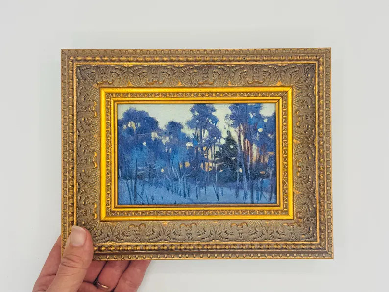 Original Mini Oil Painting, 4x6” Framed Impressionist Snowy Forest at Dusk - Etsy | Etsy (US)