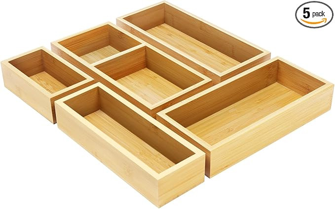 Bamboo Drawer Organizer Set, 5 PCS Multi-Use Individual Wood Storage Organizers, Junk Drawer Divi... | Amazon (US)