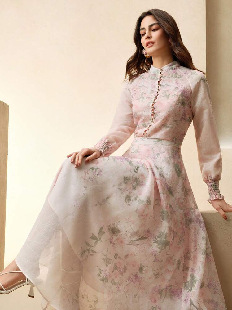 Anewsta 2pcs/Set Elegant Palace Party & Date Floral Print Long Sleeve Shirt And Skirt Suit, Spring/Summer Festival Vacation Outfits For Women, Pink Dress, Floral Dress, Valentine's Day Outfit | SHEIN