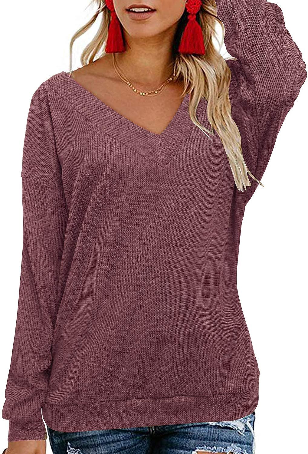 OUGES Womens Tie Back Knit Tops V Neck Long Sleeve Casual Sweater Pullover | Amazon (US)