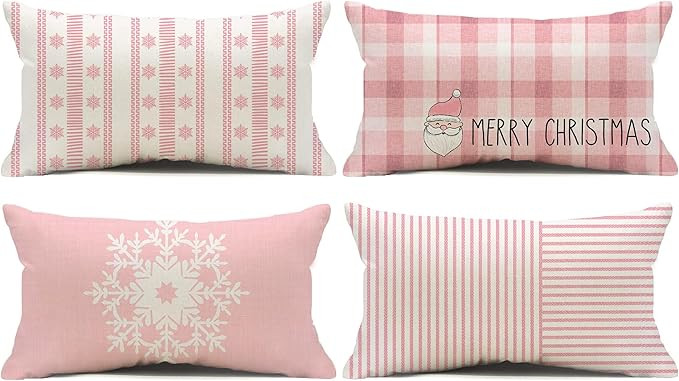 Pink Striped Christmas Decorations Pillow Covers 12x20 Set of 4 Stripes Snowflake Buffalo Plaid S... | Amazon (US)
