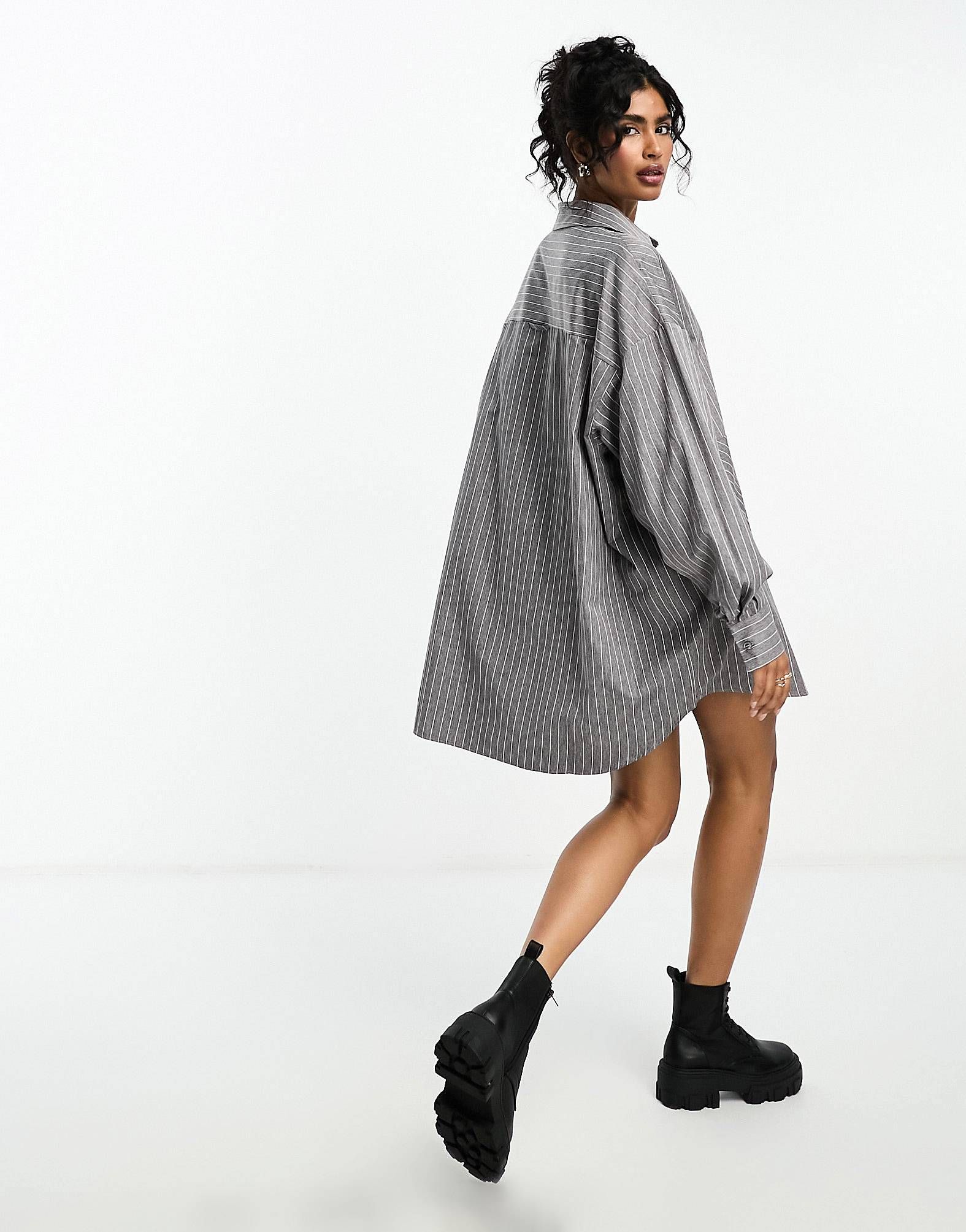 ASOS DESIGN oversized shirt dress with dropped pockets in gray pinstripe | ASOS (Global)