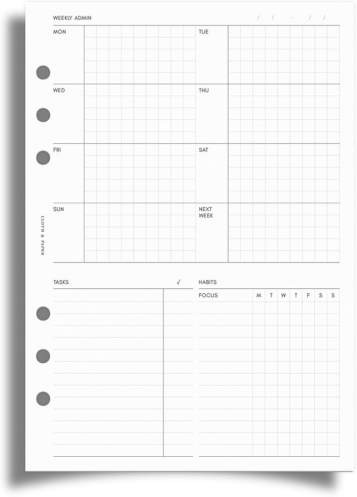 Cloth & Paper Weekly Admin Planner Inserts | A5 Size 5.8 x 8.3 Inches | 6 Ring Punch | Monday Sta... | Amazon (US)