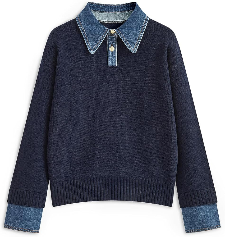 ETCYY Womens Oversized Sweater Cozy Fall Long Sleeve Button Up Denim Polo Pullover Tops Sweatshir... | Amazon (US)