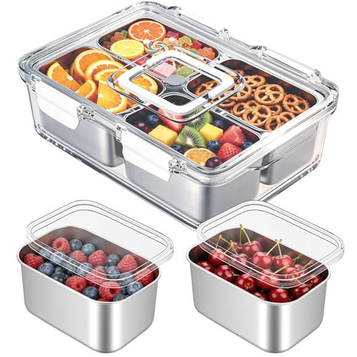 Freshmage Snackle Box Container, Stainless Steel Divided Serving Snack Tray with Lid and Handle, 4 Compartment Portable Snack Platters for Road Trip, Beach, Picnic, Ball Games, Pool and Parties | Amazon (US)