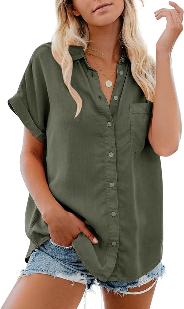 Womens Button Down Casual Shirts Cotton Short Sleeve Blouses Solid Summer Tops with Pocket | Amazon (US)