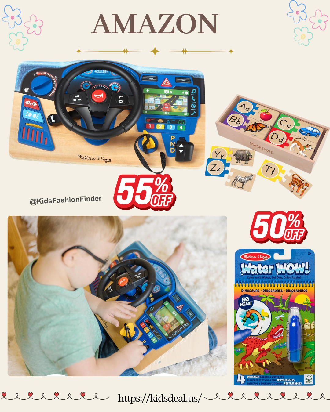 Up to 50–55% OFF 🎉 Melissa & Doug favorites!

🚗 Vroom & Zoom Wooden Steering Wheel
Interactive driving fun — perfect for little car lovers!

🎨 Water Wow! Reusable Water Book (Dino 🦖)
Just add water & paint — no mess, travel must-have ✈️

🔤 Self-Correcting Alphabet Puzzle (52 pcs)
Learn uppercase + lowercase letters & sounds 🧠
Includes wooden storage box

Fun + learning in one 💛

#melissaanddoug #preschooltoys #learningthroughplay #montessoritoys #traveltoys #toddlerlife #momfinds  

 

#LTKSaleAlert #LTKTravel #LTKKids