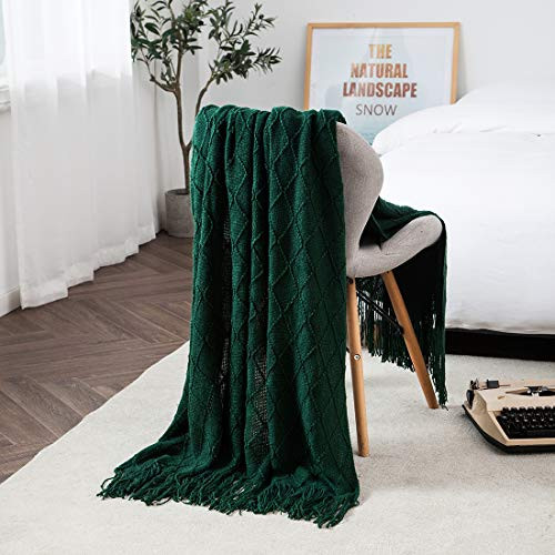TREELY Dark Green Throw Blanket with Fringe Tassels Knitted Throw Blanket Textured Solid Decorative Knit Blanket for Bed Couch, 50" x 67.7", Dark Green | Amazon (US)
