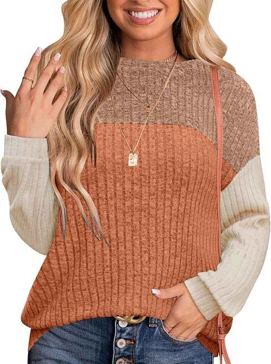 MixShe Womens Sweaters Color Block 2025 Fall Fashion Crewneck Tunic Tops S-XXL | Amazon (US)