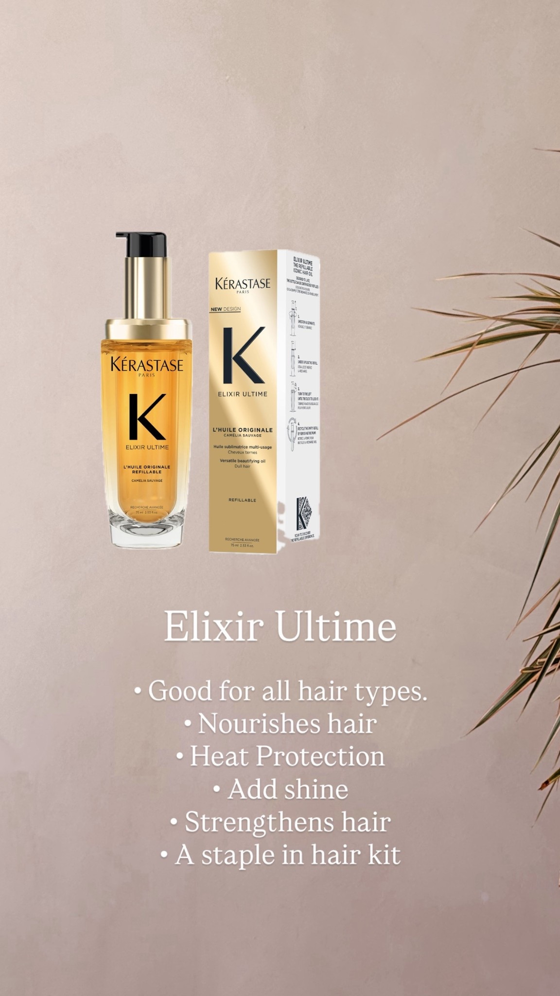 Elixir ultime 
Good for all hair types. A heat protection to nourish hair. Removes frizz, Add shine and smoothness.
