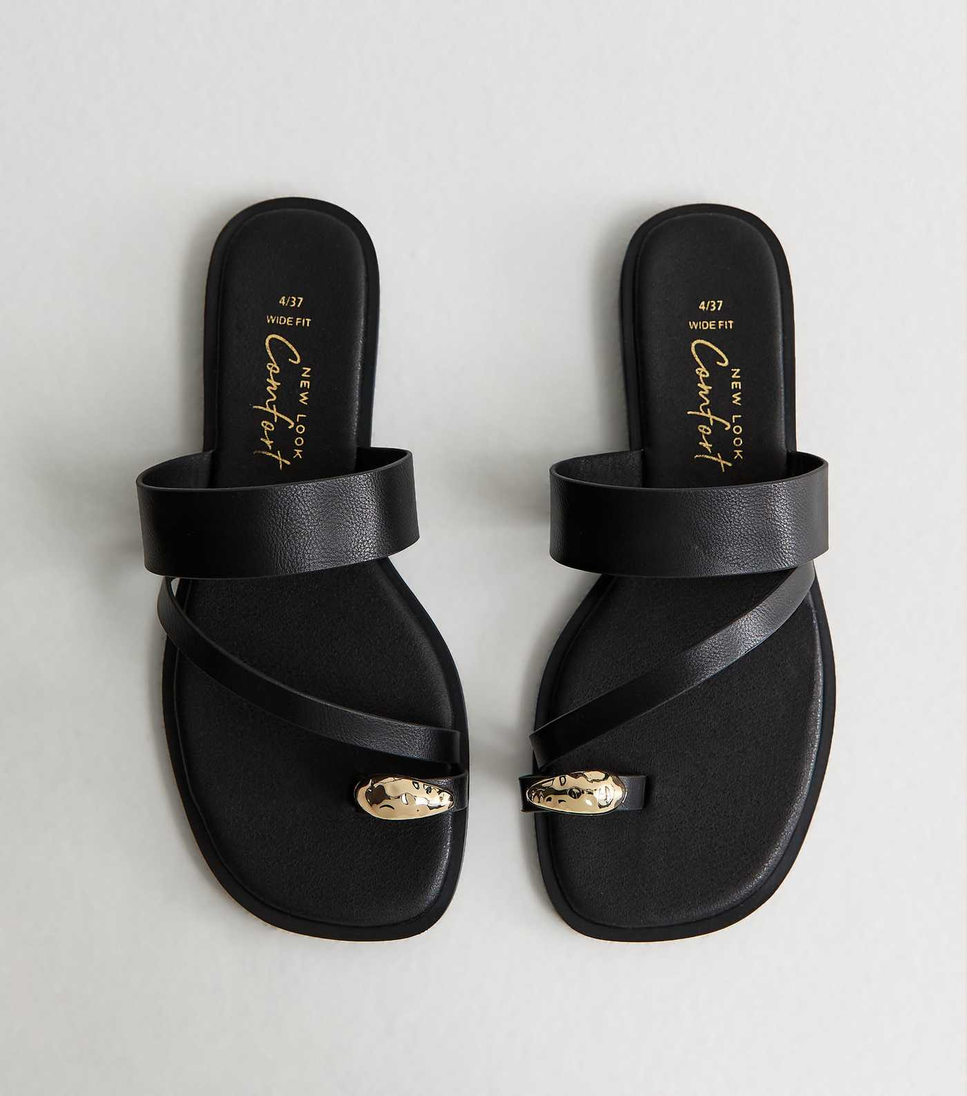 Wide Fit Black Faux Leather Metal Toe Ring Mules | New Look | New Look (UK)