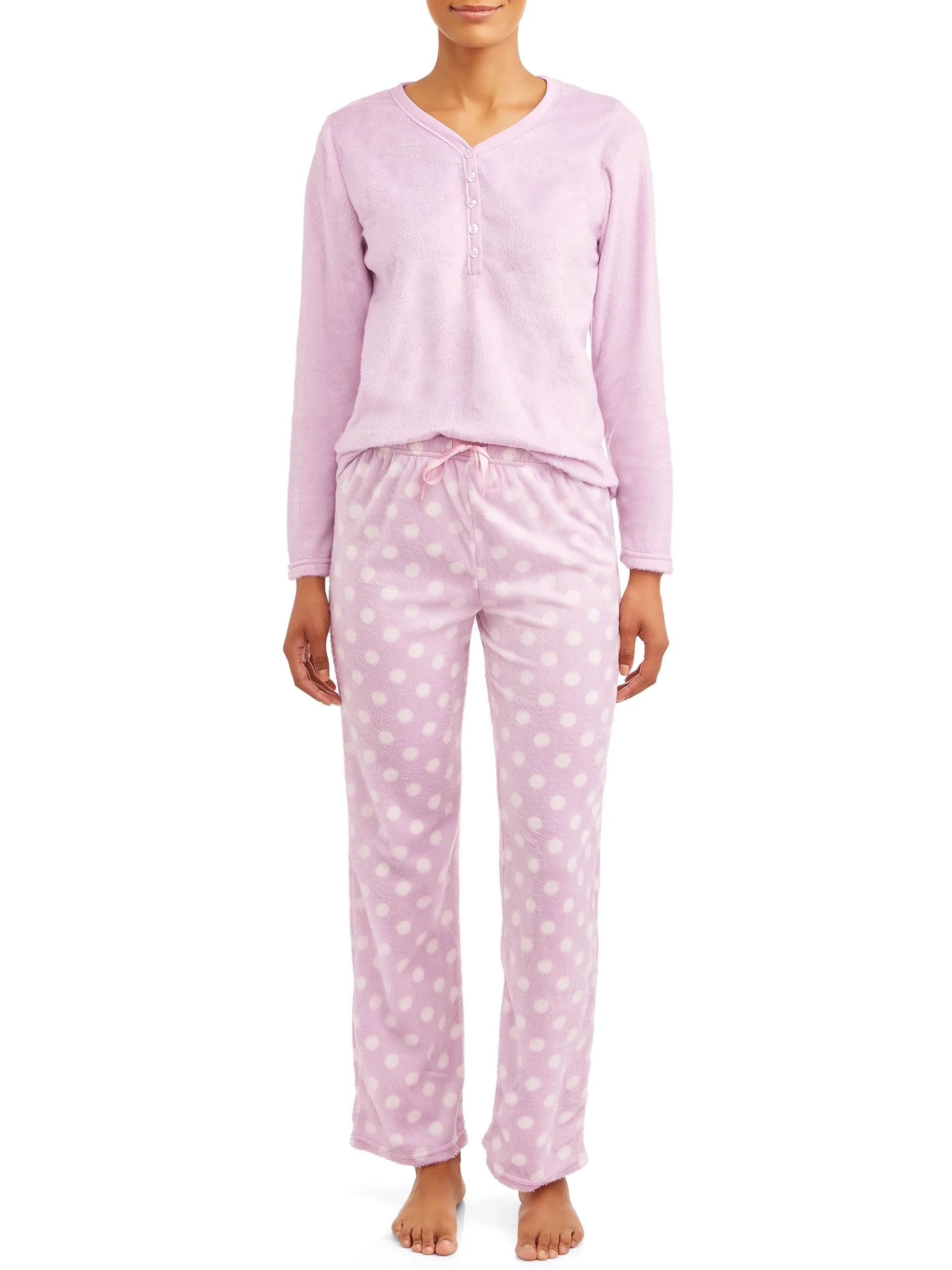 The Cozy Corner Club Long Sleeve V-Neck Solid Polka Dots Pajamas (Women's) 2 Piece Set - Walmart.... | Walmart (US)