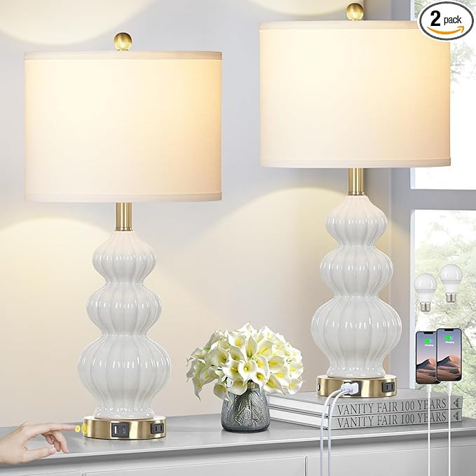 Triple Gourd Ceramic Table Lamps Set of 2, Modern White Bedside Lamps with USB A+C Ports & AC Out... | Amazon (US)