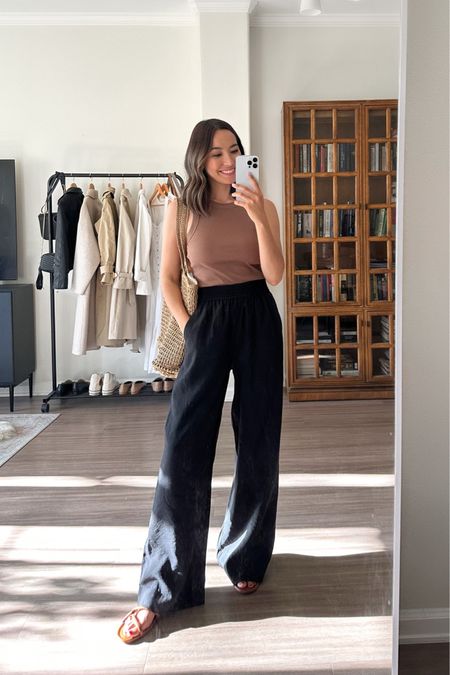 Comfy pants from madewell xs - run slightly big 

- Madewell, spring outfit, casual outfit, top, tank, black pants, linen pants, sandals, purse, tote, comfy outfit 

#LTKSeasonal #LTKtravel #LTKunder100