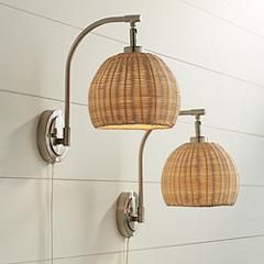 360 Lighting Jojo Brushed Nickel and Wicker Plug-In Wall Lamps Set of 2 | Lamps Plus