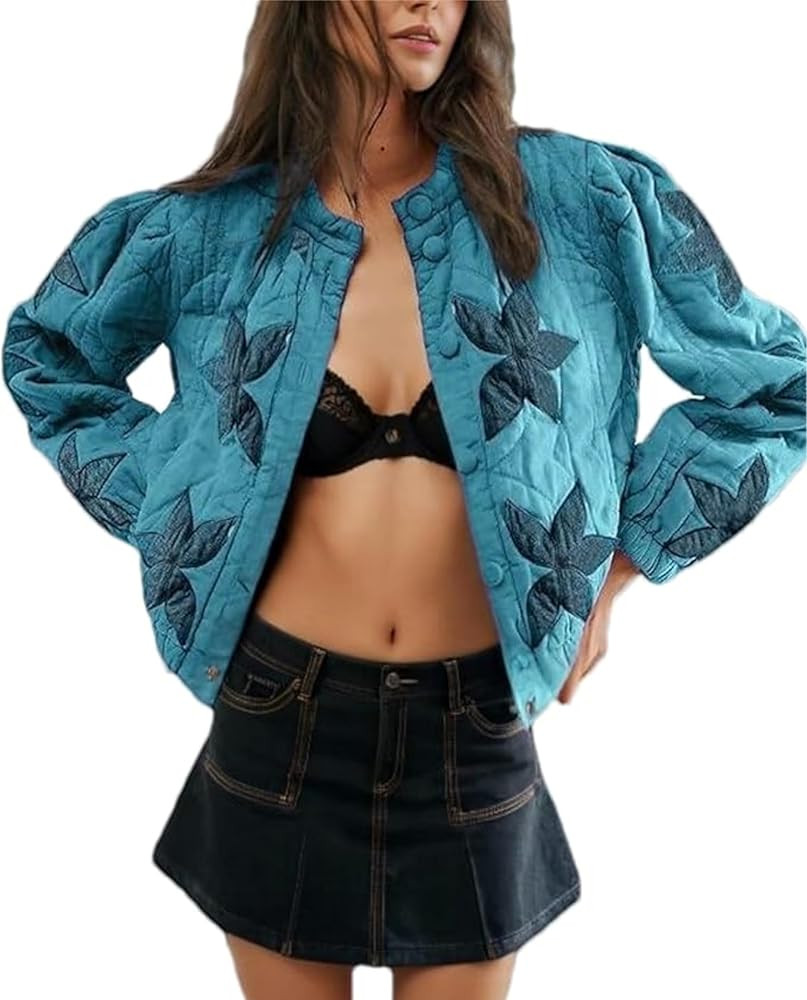 OPCAKM Women's Cropped Puffer Jacket Lightweight Flower Embroidery Quilted Outerwear Coats | Amazon (US)
